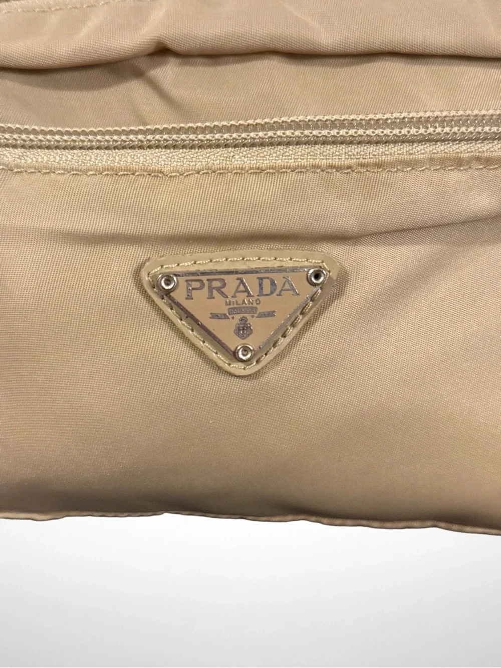 PRADA Authentic Nylon Cosmetic Pouch Beige Zip Makeup Travel Toiletry Bag